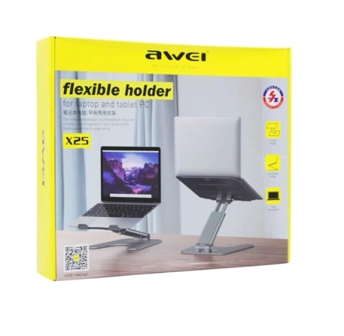 AWEI X25 SUPPORT POUR ORDINATEUR PORTABLE - ALUMINIUM - FLEXIBLE - ANTIDÉRAPANT - GRIS MÉTALLISÉ -
