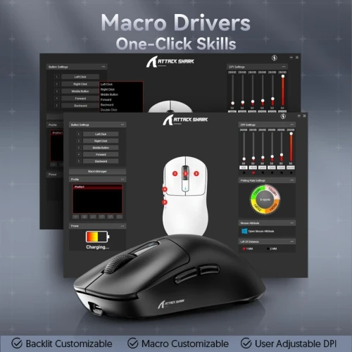 ATTACK SHARK X3 - SOURIS FILAIRE & SANS FIL - BLUETOOTH - 2.4G - 6 BOUTONS - 26000 DPI - 1KHZ -BLACK