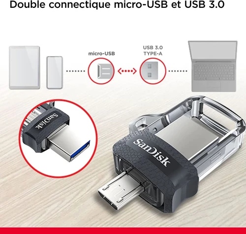 SanDisk 128 Go Ultra Dual Drive m3.0 pour appareils Android  - microUSB, USB 3.0