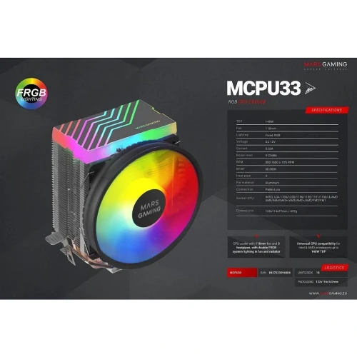 VENTILATEUR MARS GAMING MCPU33 - CPU FRGB - 3 HEATPIPES - TDP 140W  - ULTRA-SILENCIEUX - MULTISOCKET