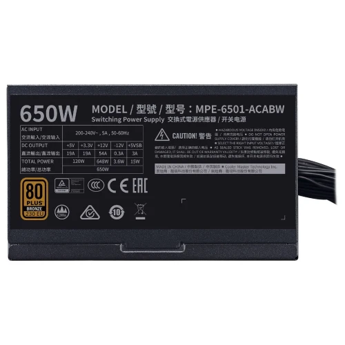 COOLER MASTER MWE 650W BORNZE V2 - ALIMENTATION 80 PLUS BORNZE - 230V - DC TO DC - NOIR 
