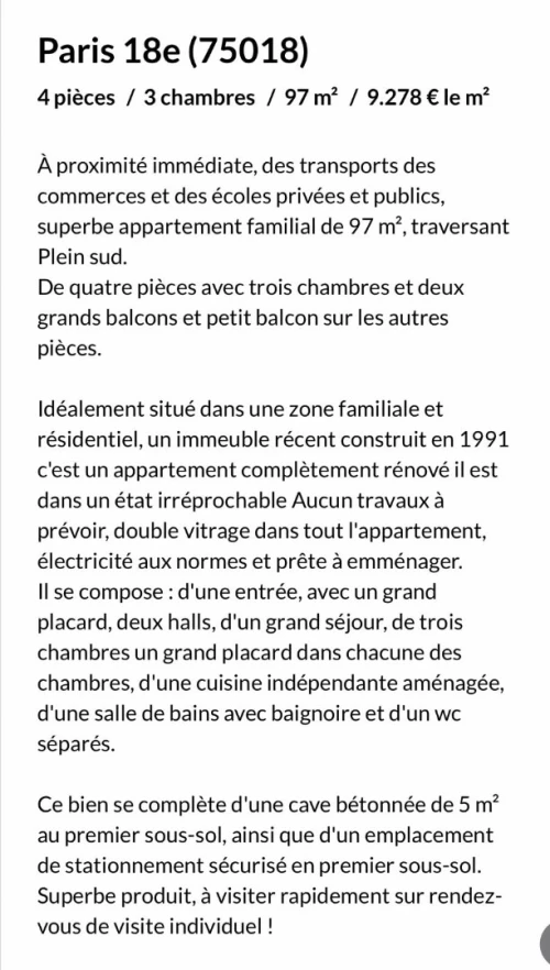 Vente Appartement F4 Paris Paris