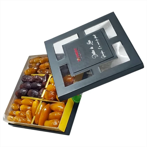 Boite carrée de datte mixte Balla/Dali/Jouhart/Zwin/Kermouss/Kaci 900 Gr