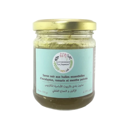 Savon Beldi Noir aux Huile Essentielle d'Eucalyptus, Romarin & Menthe Poivrée 150Gr