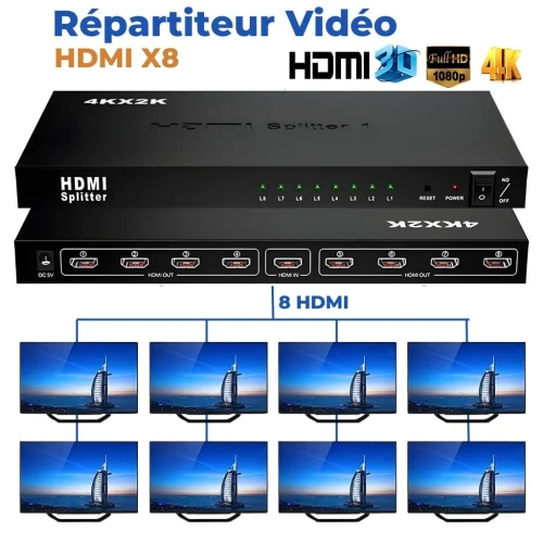 Répartiteur Vidéo HDMI 1x8 avec 8 Ports Compatible 4K  HDMI X8 موزع