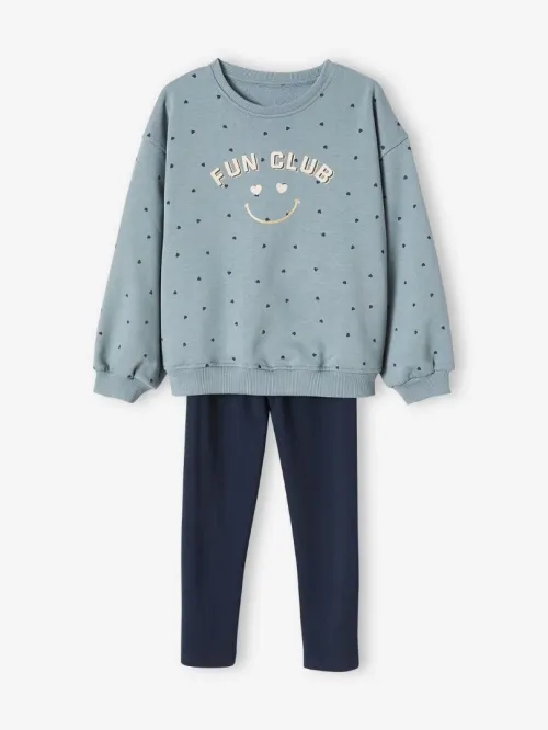 Vertbaudet Ensemble Sweat Motif irisé + Legging Fille, Vert de Gris, Produit Original
