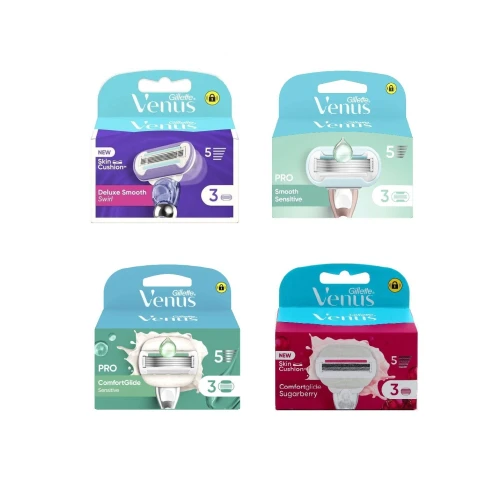 01 Pack 3 Recharges Gillette Pour Rasoir Femme, VENUS 5 Lames , Au Choix Deluxe Smooth / Smooth Sensitive / Comfortglide Sensitive ou Comfortglide Sugarberry, Produit d'Origine