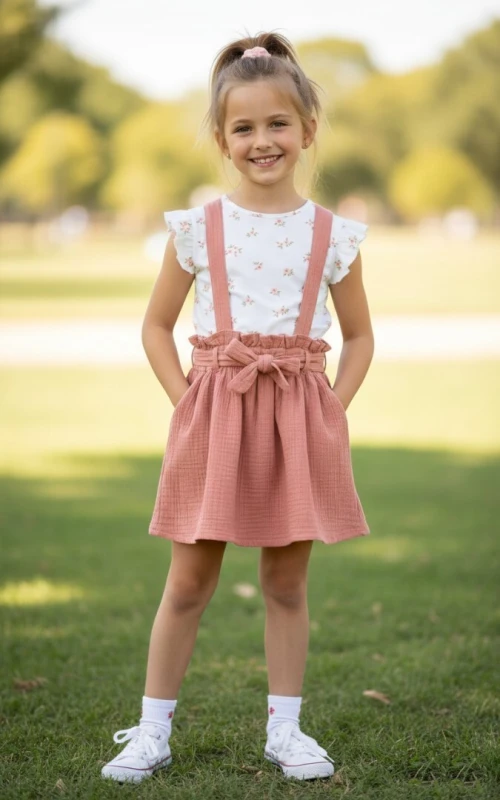 Vertbaudet Ensemble Fille, Tee Shirt à Volants et Jupe à Bretelles, En Gaze de Coton, Vieux Rose, Produit Original