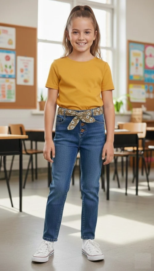 Vertbaudet Jean Fille Avec Ceinture, Style Paperbag, Bleu Brut, Produit Original