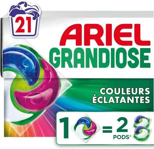 Pack 21 Capsules Ariel Lavages Machine, Grandiose Pods,  2 x Action Détachante et Anti-Odeur, Couleurs Éclatantes, Produit d'Origine