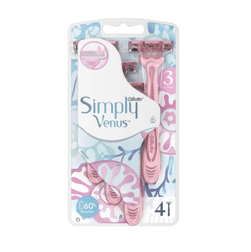Pack de 04 Rasoirs Jetables Femmes Gillette Venus Simply 3 Lames, Bande Lubrifiante et Tête pivotante, Produit d'Origine