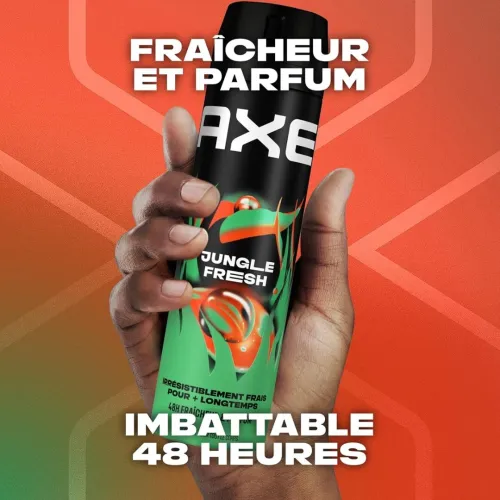 Déodorant Axe Homme Spray, Jungle Fresh, 48h Non-Stop Frais, Parfum Feuilles de Palmier et Ambre, 200ml, Produit d'Origine