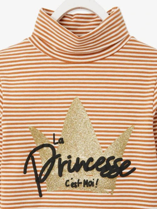 Vertbaudet, Haut Col Roulé Fille Motifs à Paillettes, Camel Rayé, Produit Original
