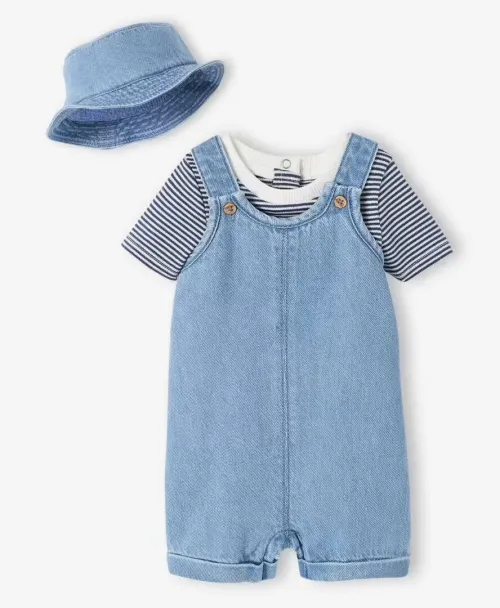Vertbaudet Ensemble Bébé 03 Pièces Salopette Jean, Body & Bob, Denim Bleached, Produit Original