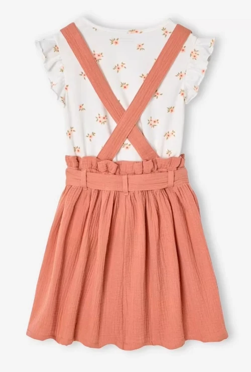Vertbaudet Ensemble Fille, Tee Shirt à Volants et Jupe à Bretelles, En Gaze de Coton, Vieux Rose, Produit Original