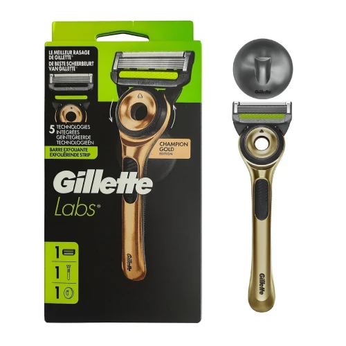 Gillette Labs Rasoir Pour Homme, 5 Lames, Gold Edition , Avec Barre Exfoliante & Support Mural Magnétique, Produit d'Origine