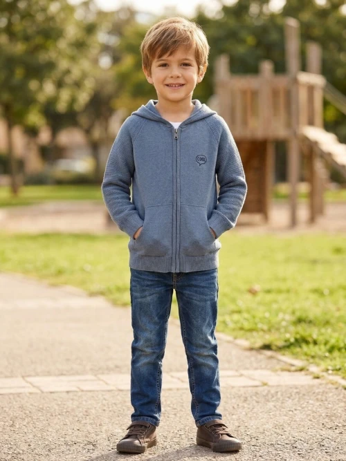 Vertbaudet Gilet à Capuche Manches Point Mousse Garçon, Bleu, Produit Original