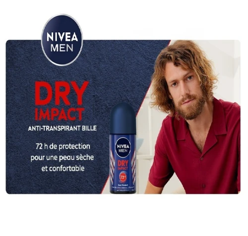 Nivea Men Déodorant Roll On Pour Homme, Protection 72h, Anti Transpirant Dry Impact, 50 ml, Produit d'Origine