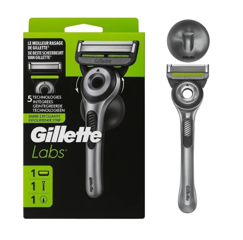 Gillette Labs Rasoir Pour Homme, 5 Lames, New Technologie Edition - Avec Barre Exfoliante & Support Mural Magnétique, Produit d'Origine