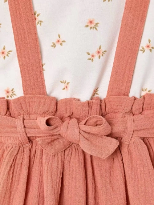 Vertbaudet Ensemble Fille, Tee Shirt à Volants et Jupe à Bretelles, En Gaze de Coton, Vieux Rose, Produit Original