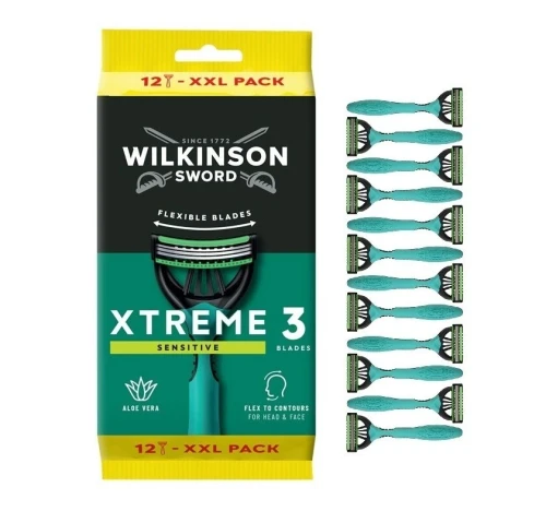 Wilkinson Pack de 12 Rasoirs Jetables Homme,  Xtreme 3 Sensitive, Peaux sensibles, Produit Original