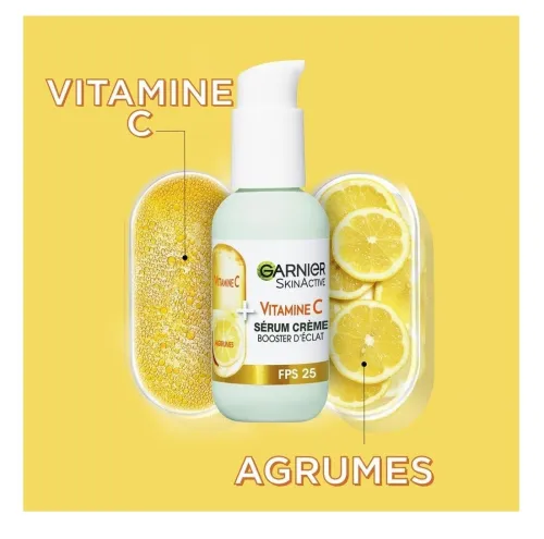 Sérum Garnier Crème Skin Active, Booster d'Éclat 2 En 1, Hydratation 72h, FPS 25,Vitamine C & Agrumes, Pour Peaux Ternes En Manque d'Éclat, 50 ml, Produit d'Origine