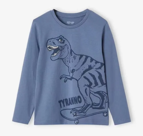 Vertbaudet Tee Shirt Garçon, Manches Longues, Imprimé Dinosaure, Bleu, Produit Original