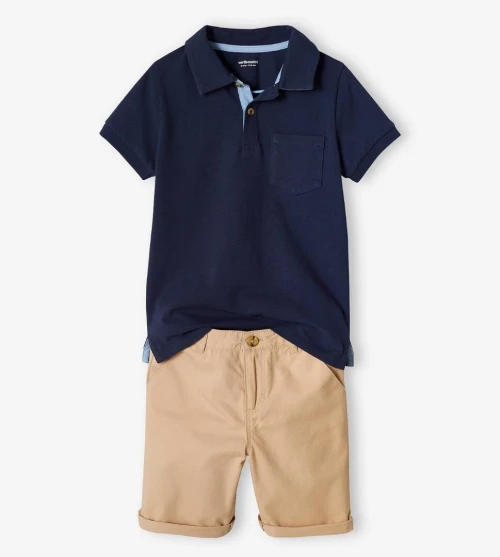 Vertbaudet Ensemble Garçon, Bermuda & Polo Maille Piquée,  Bleu et Marron, Produit Original