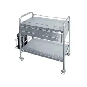 GUÉRIDON EN INOX À 2 ÉTAGES AVEC 2 TIROIRS