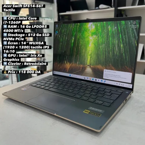Acer Swift SF514-56T Tactile 14 pouce WUXGA i7 1260P 16Go LPDDR5 4800MT/s 512Go SSD NVMe Intel Iris Xe Graphics