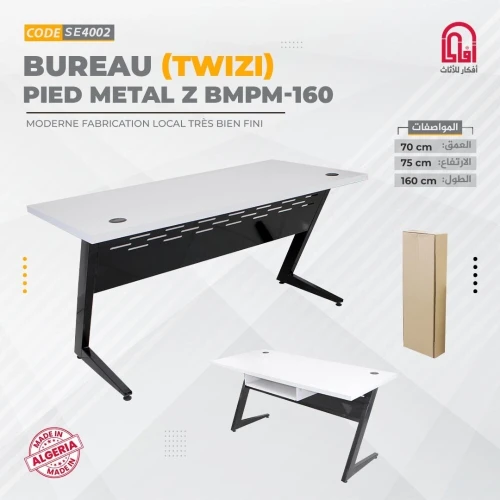 Bureau MDF TWIZI - Pied Métal Z (Blanc-Noir) MDF 160cm