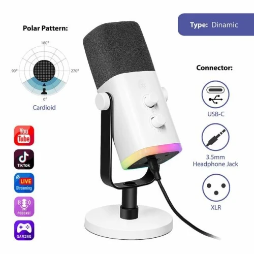 FIFINE AM8 DYNAMIC - MICROPHONE USB / XLR - STREAMING / PODCAST / GAMING - WINDOWS / MAC / PS4 / PS5 - RGB - WHITE