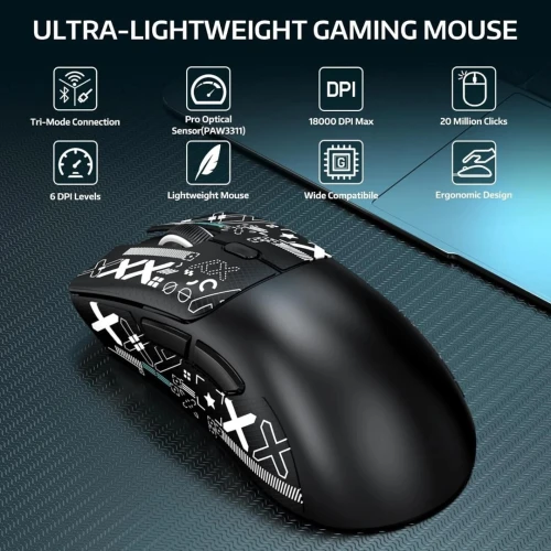 ATTACK SHARK R1 - SOURIS FILAIRE & SANS FIL - BLUETOOTH - 2.4G - 6 BOUTONS -18000 DPI - 1KHZ -BLACK