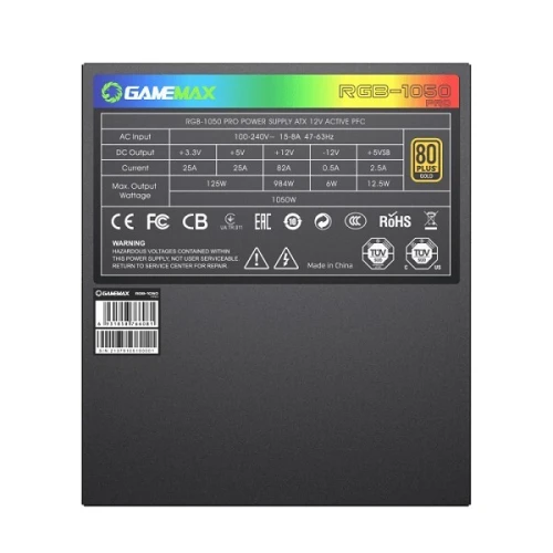 ALIMENTATION GAMEMAX RGB-1050 PRO - 1050W - FULL MODULAIR - CERTIFIÉE 80+ GOLD - ATX 3.0 / 3.1 - RGB - HAUTE - BLACK