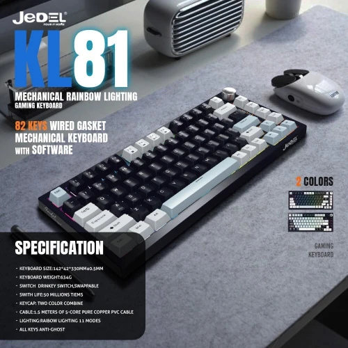 JEDEL KL-81 - CLAVIER GAMING MÉCANIQUE FILAIRE - BLEU SWITCH - RGB - 75% - HOT-SWAPPABLE - QWERTY