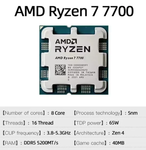 AMD RYZEN 7 7700 - SOCKET AM5 - 8 CORE - 16 THREADS - 3.8 GHZ BASE -5.3 GHZ BOOST - 32MO CACHE - TRY
