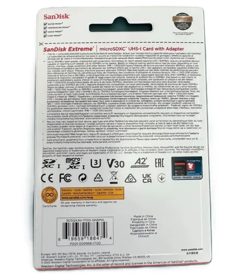 SANDISK EXTREME 1TB - CARTE MÉMOIRE MICRO SD - 190 MB/s - UHS-I / V30 - 4K / 8K - AVEC ADAPTATEUR SD
