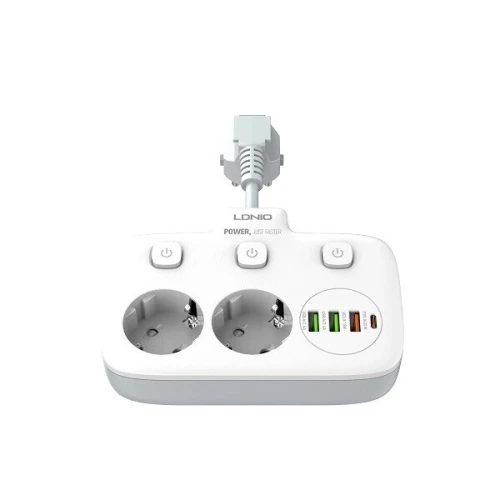 LDNIO SE2435 - MULTIPRISE 2 PRISES + 3 PORTS USB - 2500W - CHARGE RAPIDE - PROTECTION - COMPACT - WHITE