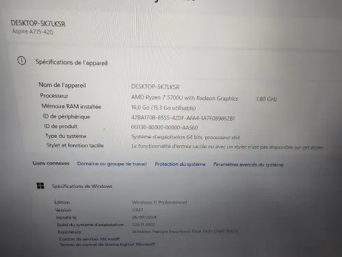 - VENDU - ACER Aspire 7 Ryzen 7 5700U RTX 3050 16G/ SSD