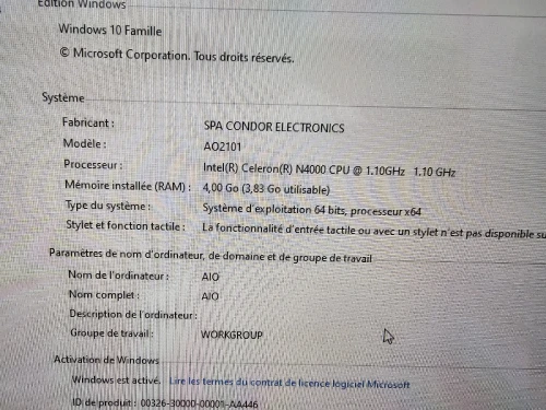ALL-IN-ONE Condor N4000  256G SSD 21.5 FHD Sous emballage