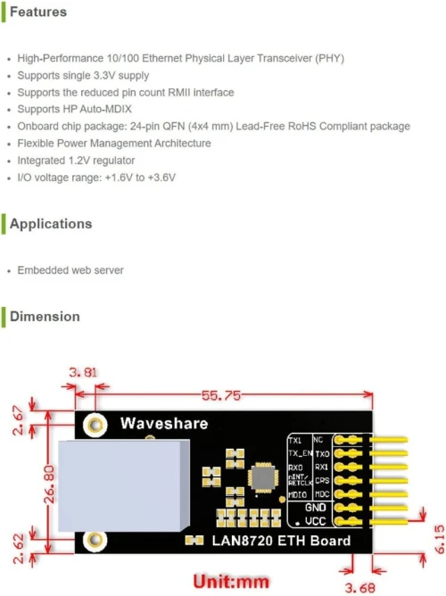 LAN8720 Carte Ethernet réseau Arduino