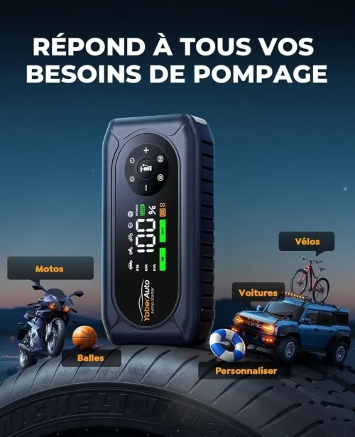 Booster Batterie Voiture avec 150PSI Gonfleur Pneus, 12V Démarreur Voiture Puissant, Booster Batterie Moto avec 500 Lumière LED 4 Modes, Grand Écran, Gants(Jusqu'à 9L Gaz ou 8L Diesel)