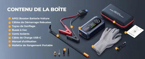 Booster Batterie Voiture avec 150PSI Gonfleur Pneus, 12V Démarreur Voiture Puissant, Booster Batterie Moto avec 500 Lumière LED 4 Modes, Grand Écran, Gants(Jusqu'à 9L Gaz ou 8L Diesel)