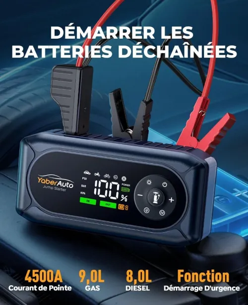 Booster Batterie Voiture avec 150PSI Gonfleur Pneus, 12V Démarreur Voiture Puissant, Booster Batterie Moto avec 500 Lumière LED 4 Modes, Grand Écran, Gants(Jusqu'à 9L Gaz ou 8L Diesel)