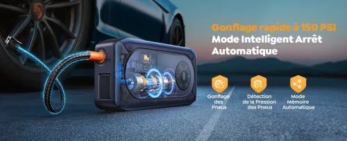 Booster Batterie Voiture avec 150PSI Gonfleur Pneus, 12V Démarreur Voiture Puissant, Booster Batterie Moto avec 500 Lumière LED 4 Modes, Grand Écran, Gants(Jusqu'à 9L Gaz ou 8L Diesel)