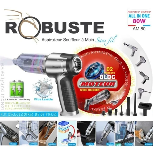 Aspirateur Souffleur Robuste Sans Fil Rechargeable 7 Accessoires 80 W Filtre Lavable