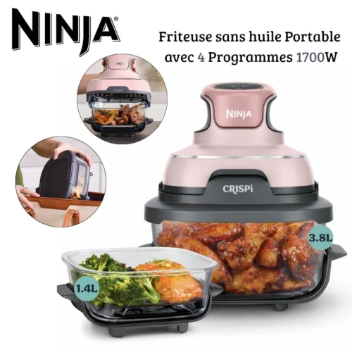 Ninja Crispi Friteuse Air Fryer Portable 4en1 sans huile 3.8L 1700W - 2 récipients avec couvercles