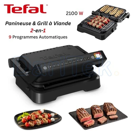 Panineuse Grill À Viande Électrique Tefal 2En1 - 2100W Ouverture 180 avec 09 Programmes et Système de Cuisson Automatique - OptiGrill GC772810