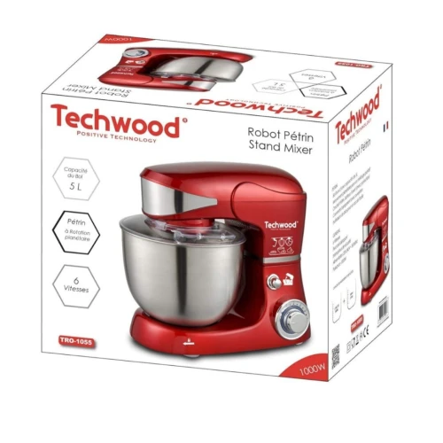 Robot Pétrin Multifonction Techwood 6 Vitesse 5 L 1000W Avec Bol En Inox Rouge - عجانة 5 لتر