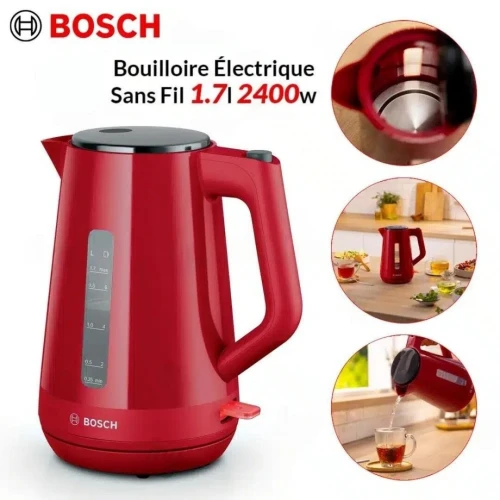 Bouilloire Électrique BOSCH Sans Fil - 1.7L 2400W avec Filtre Anti Calcaire Rouge - غلاية كهربائية